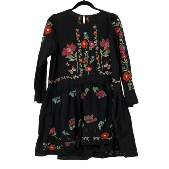 Zara Multicolor Boho Floral Embroidered Long Sleeve Babydoll Mini Dress Size Med - Picture 4 of 9